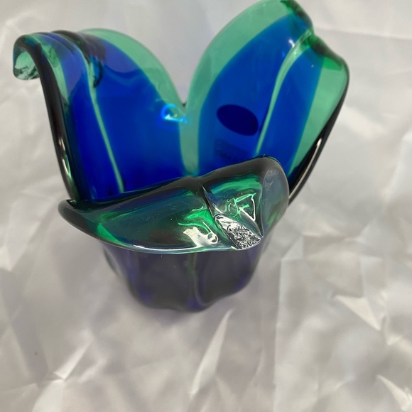 Murano White Cristal  Italy Blown Arte Glass Vase Blue Clear Teal new - Picture 5 of 7